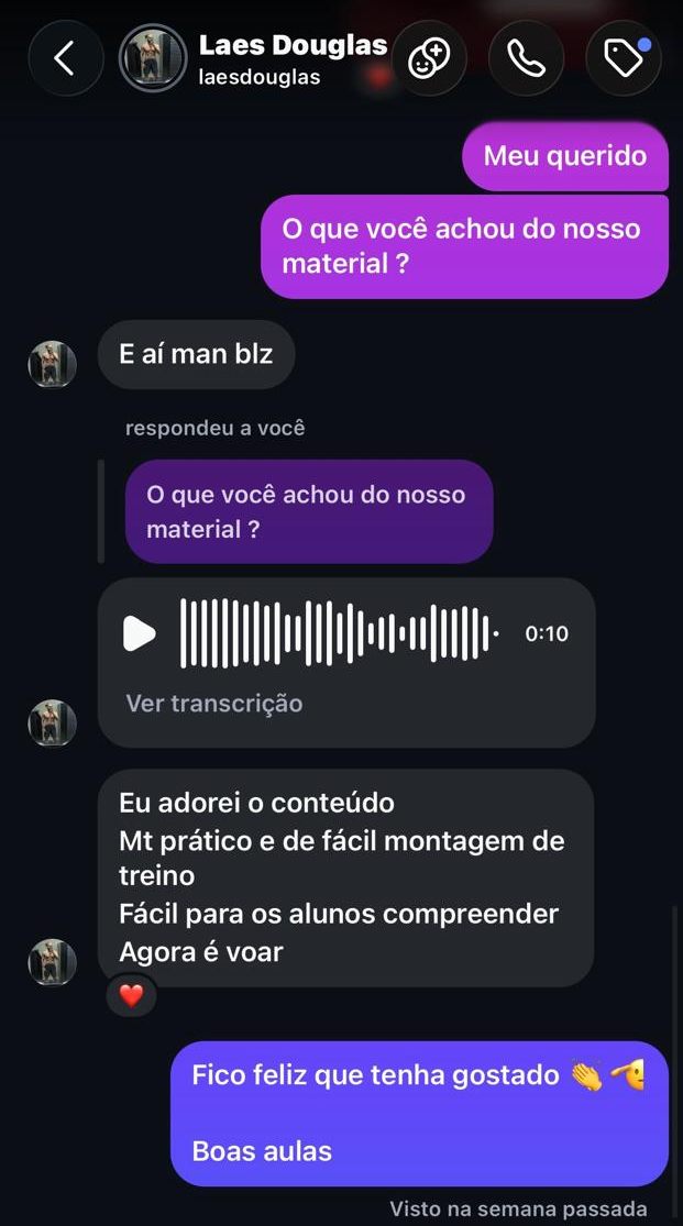 Print do direct do Instagram: Laes Douglas responde que adorou o conteúdo, que é muito prático e de fácil montagem de treino, fácil para os alunos compreenderem, e que agora é voar.