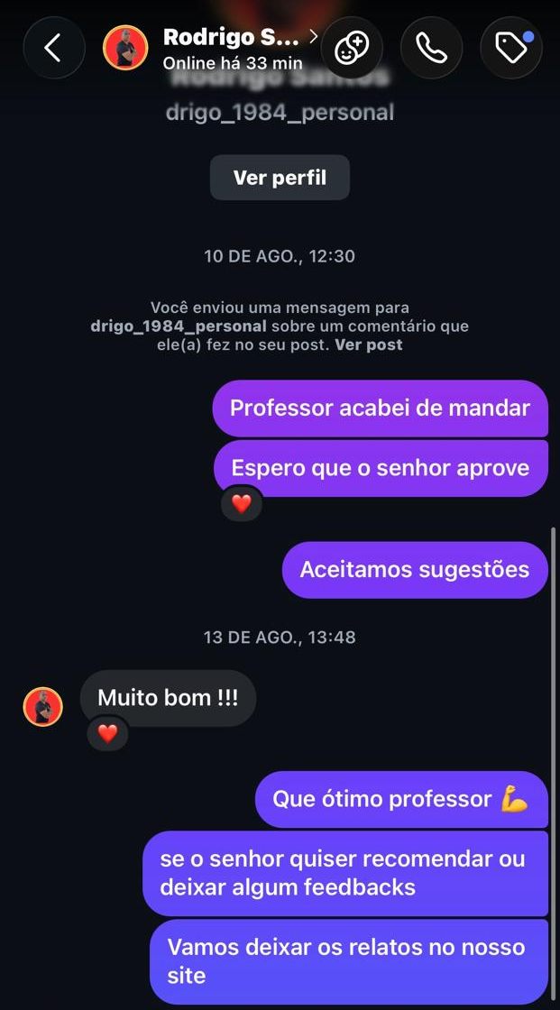 Print do direct do Instagram: depois de receber o material, Rodrigo, personal trainer, responde 'Muito bom!!!'.